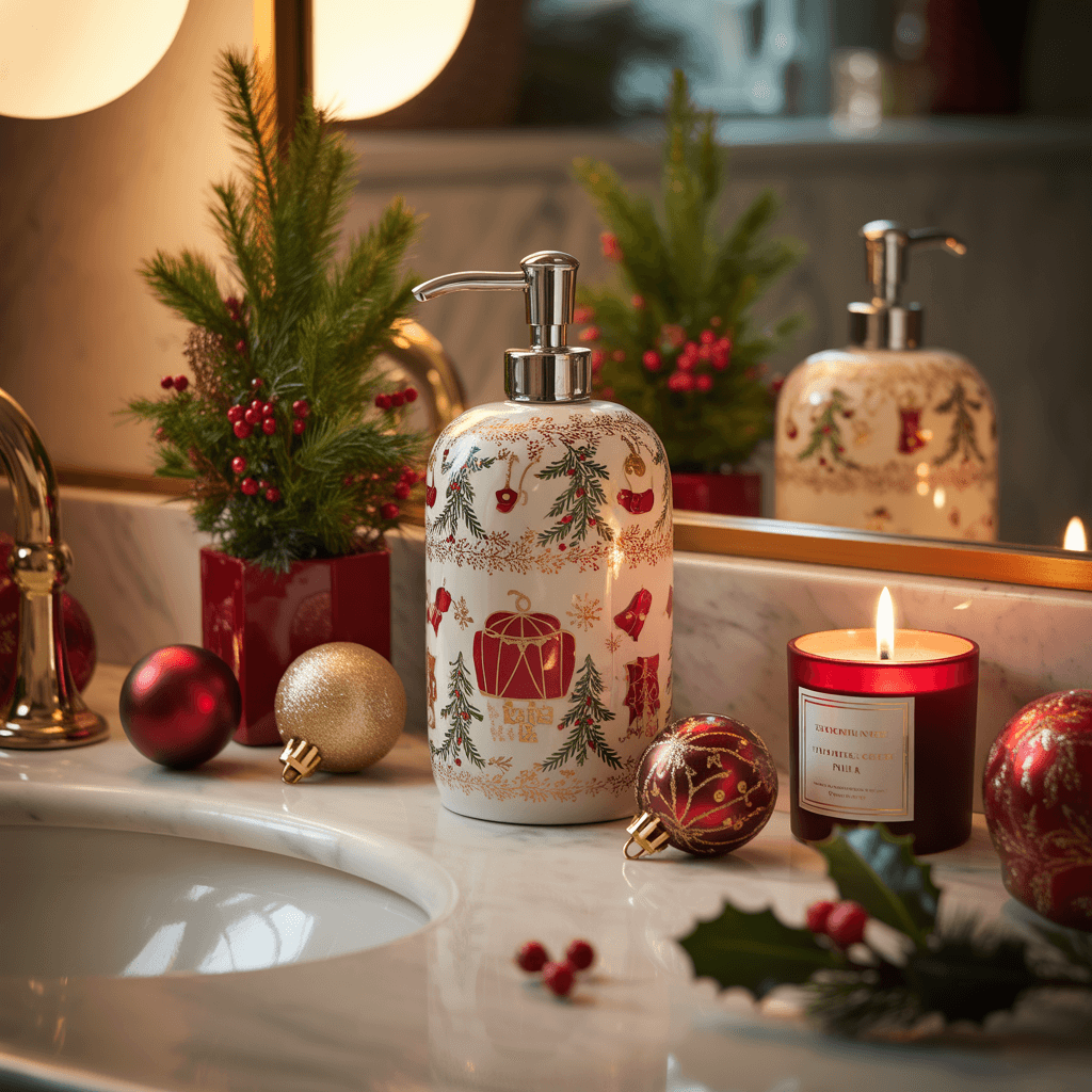 Holiday bathroom accessories arranged for Christmas décor.