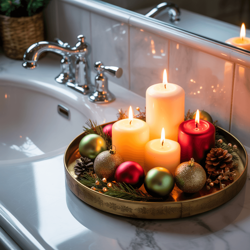 Holiday tray styled for festive bathroom décor.