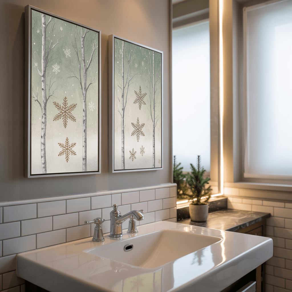 Holiday wall art used to enhance Christmas bathroom décor.