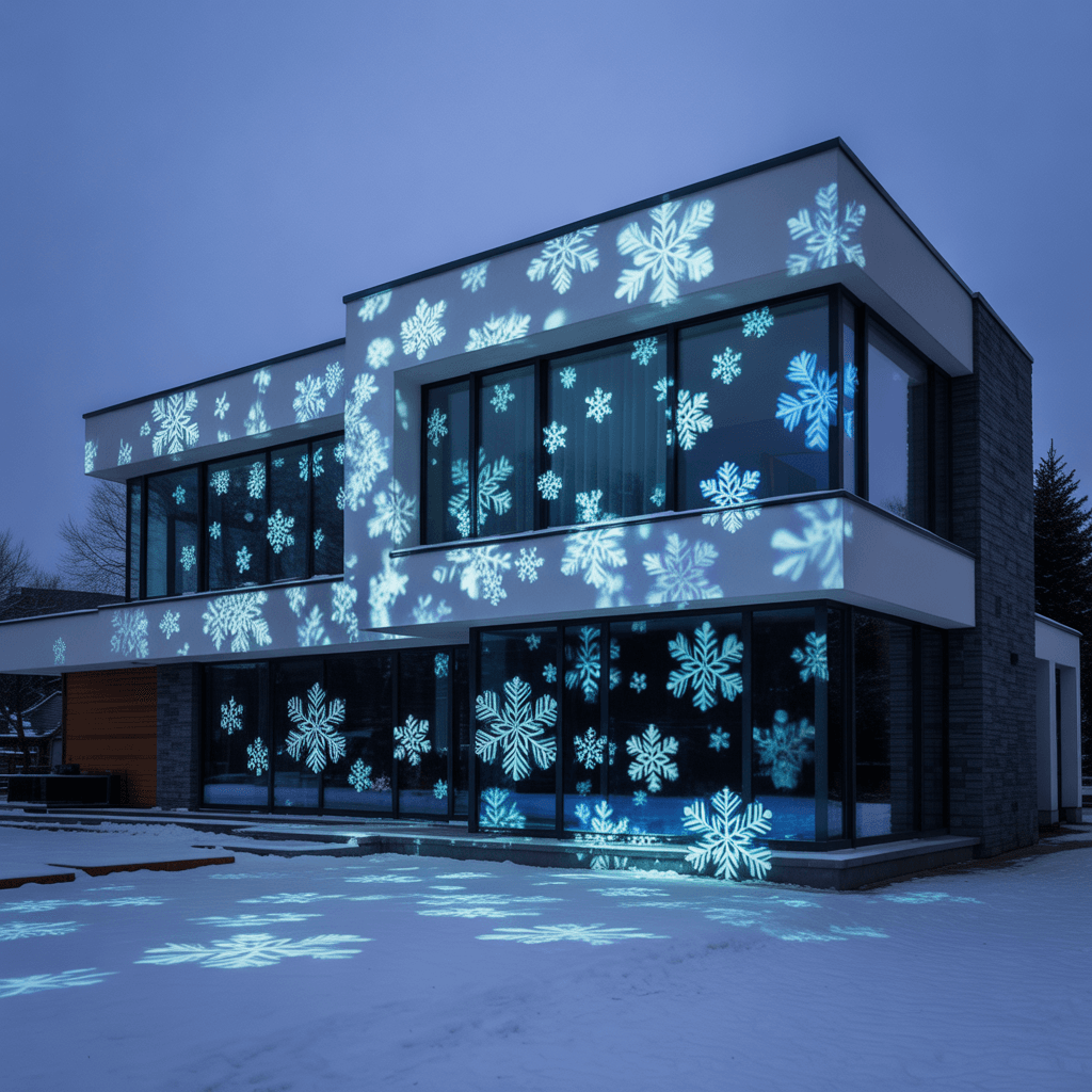 LED Christmas projector lights on a house exterior