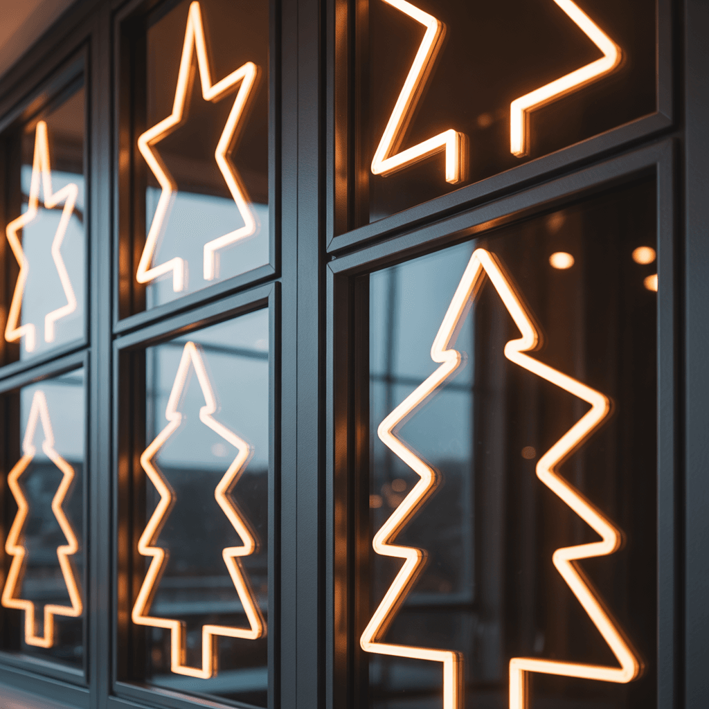 LED Christmas silhouettes hanging in windows