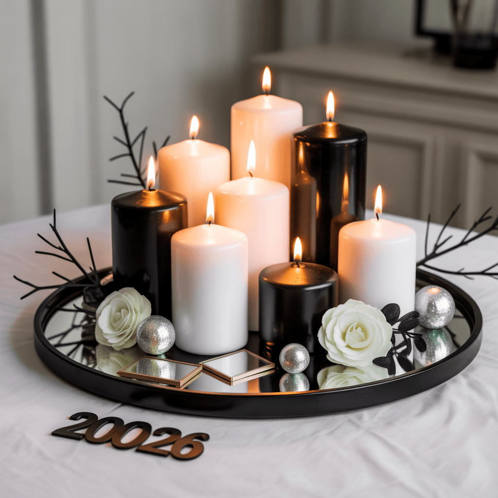 LED candle version of 10 easy DIY New Year centerpieces using candles.