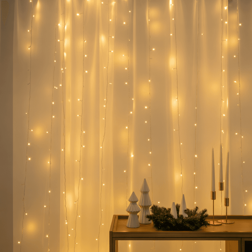 LED curtain lights on a wall behind Christmas décor