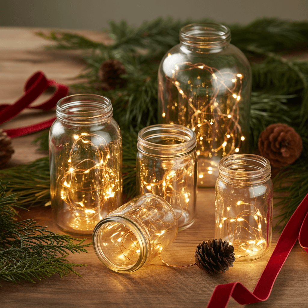  LED fairy lights in glass jars as Christmas décor