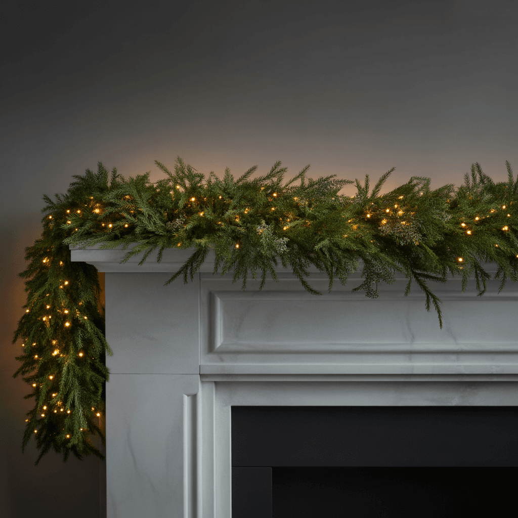 LED garland on a Christmas mantel with modern décor