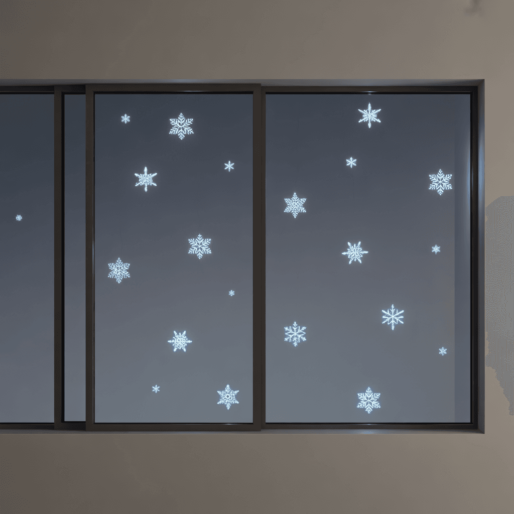 LED snowflake lights hanging over a window