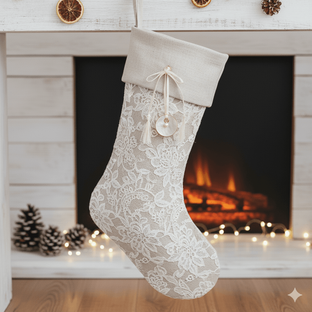  Lace and linen Boho Christmas stocking in soft neutrals.