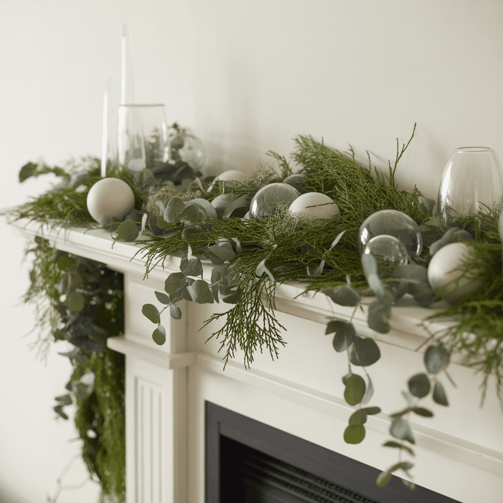 Layered greenery with eucalyptus and cedar on a modern Christmas mantel.