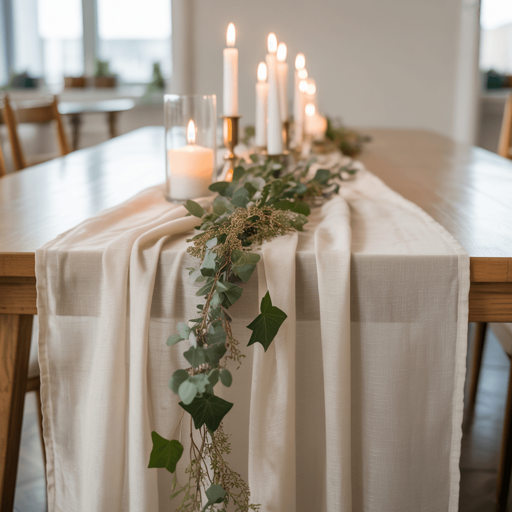 Linen table runner with greenery and candles on a Christmas table.