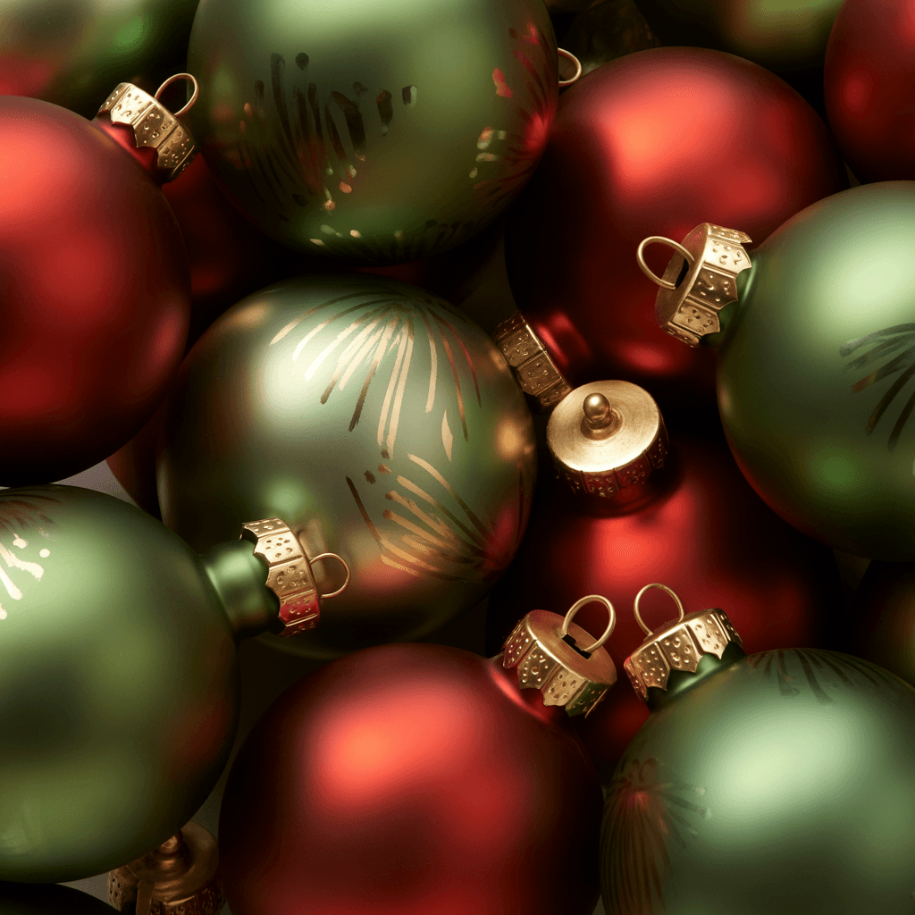 Matte red and green Christmas ornaments styled with modern brass accents