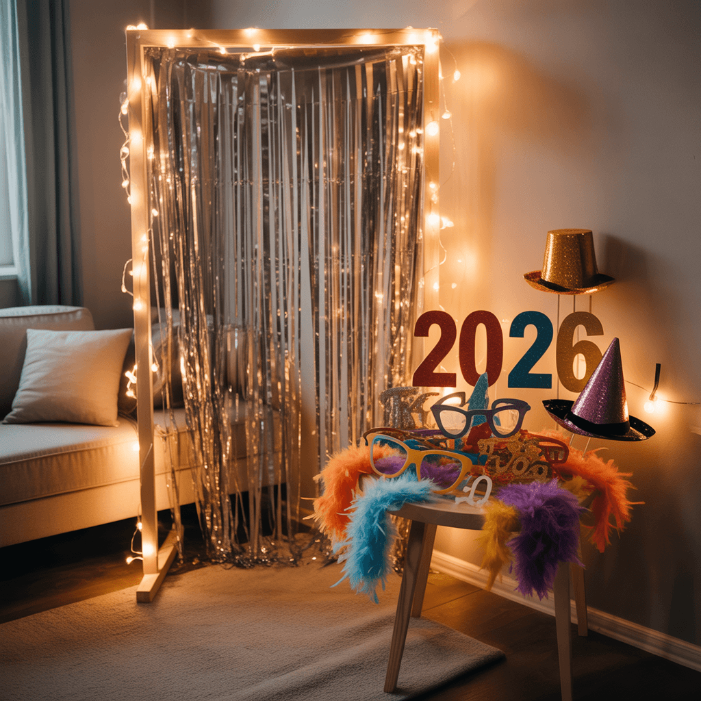 Metallic fringe DIY New Year photo booth decor with fairy lights