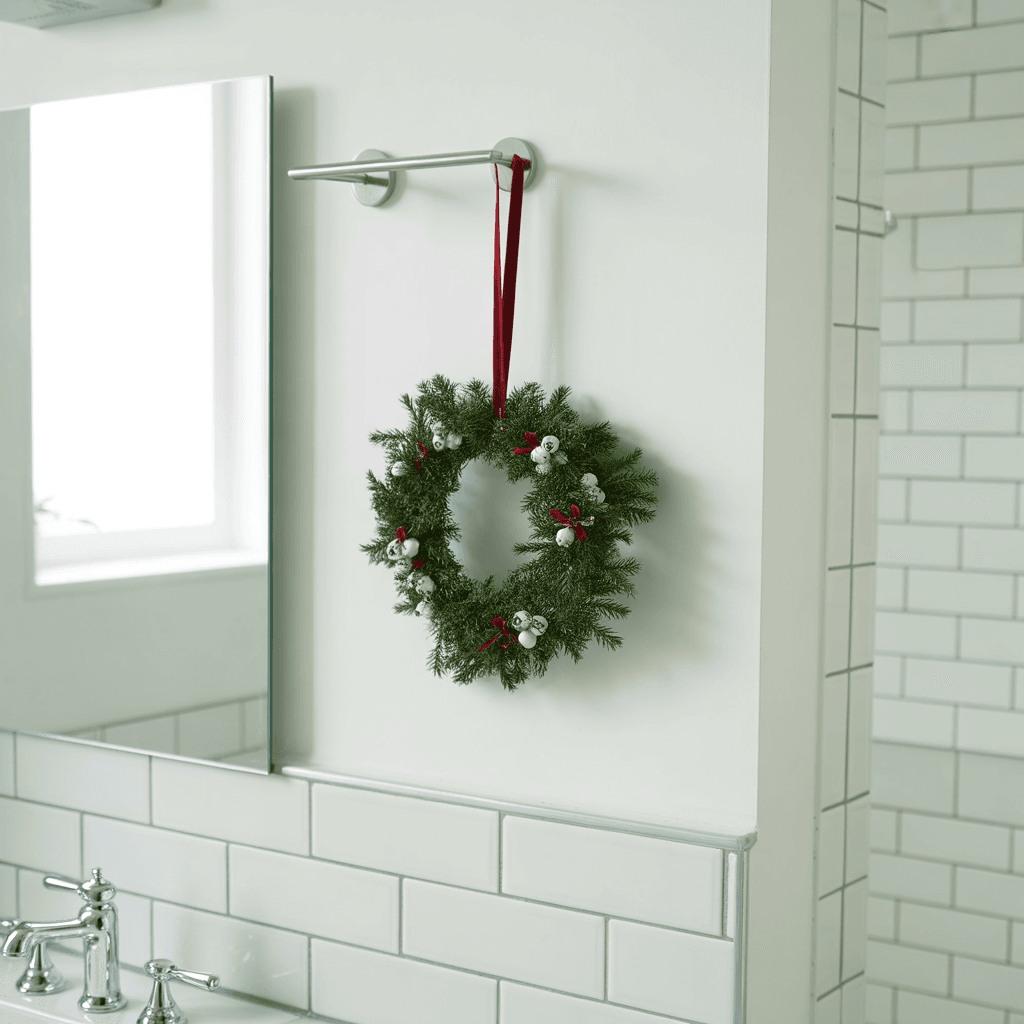 “Mini Christmas wreath used as festive bathroom décor