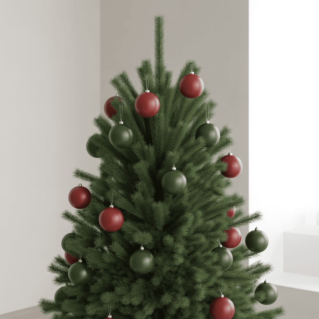 Minimal Christmas tree with matte red and green decorations and warm lighting