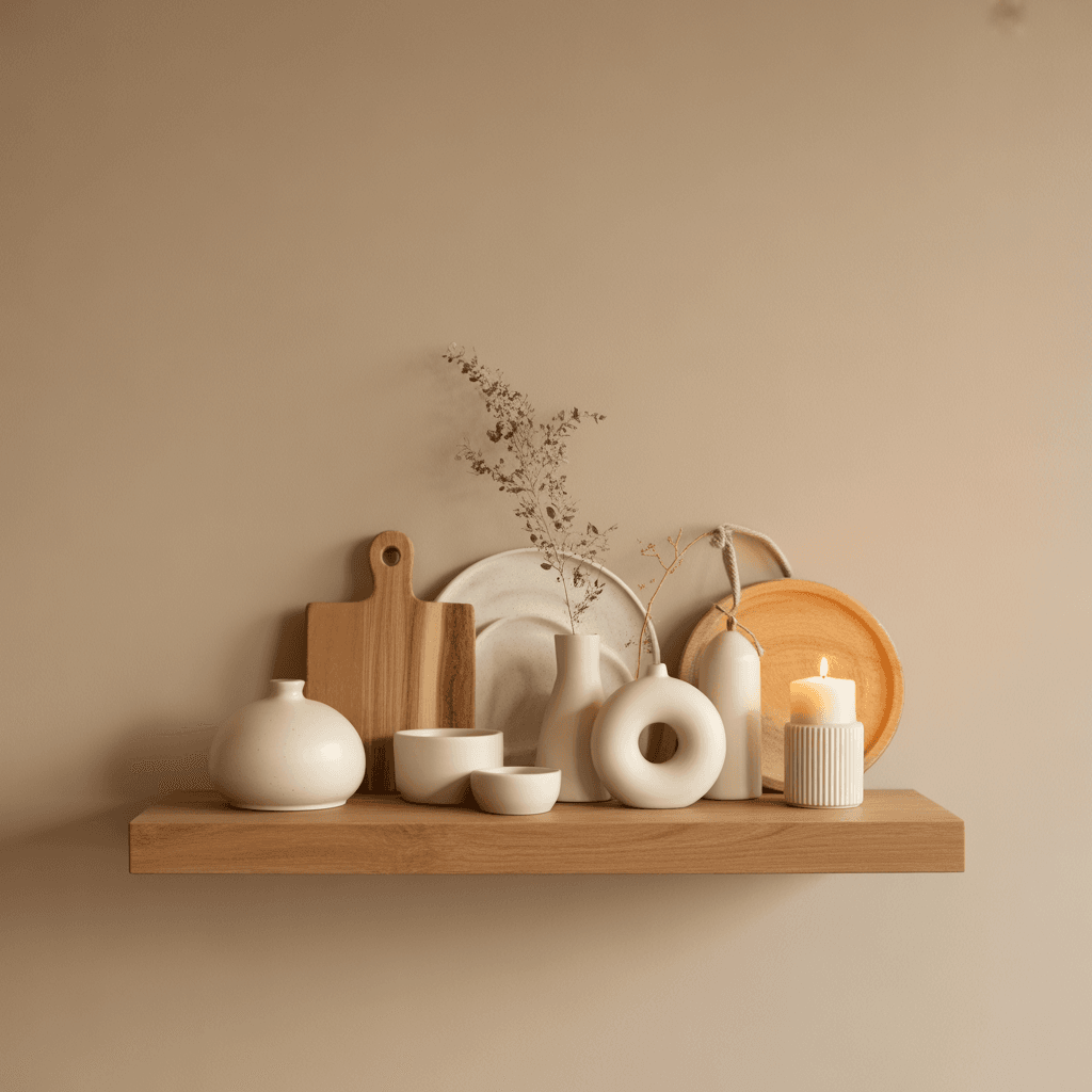 Minimal beige Christmas shelf décor styled with ceramics and wood.