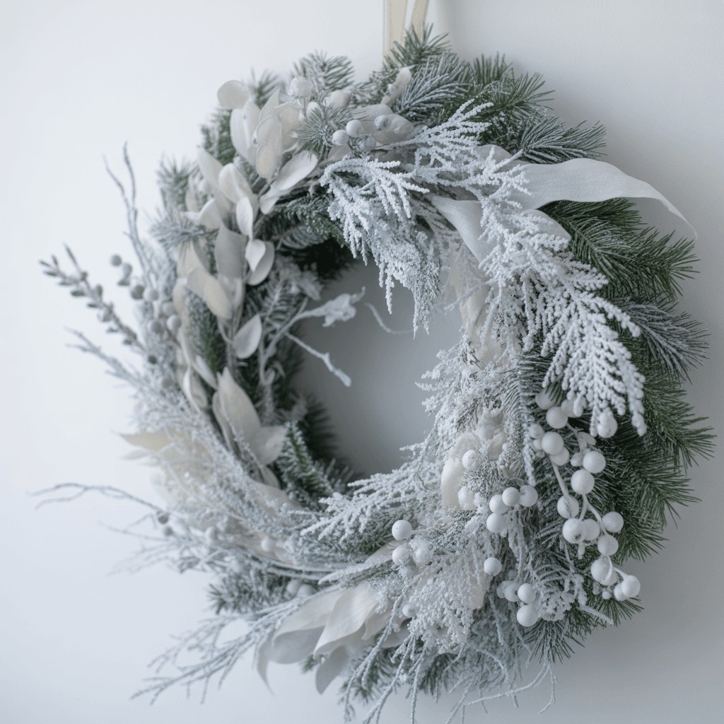Minimal frosted white Christmas wreath on wall