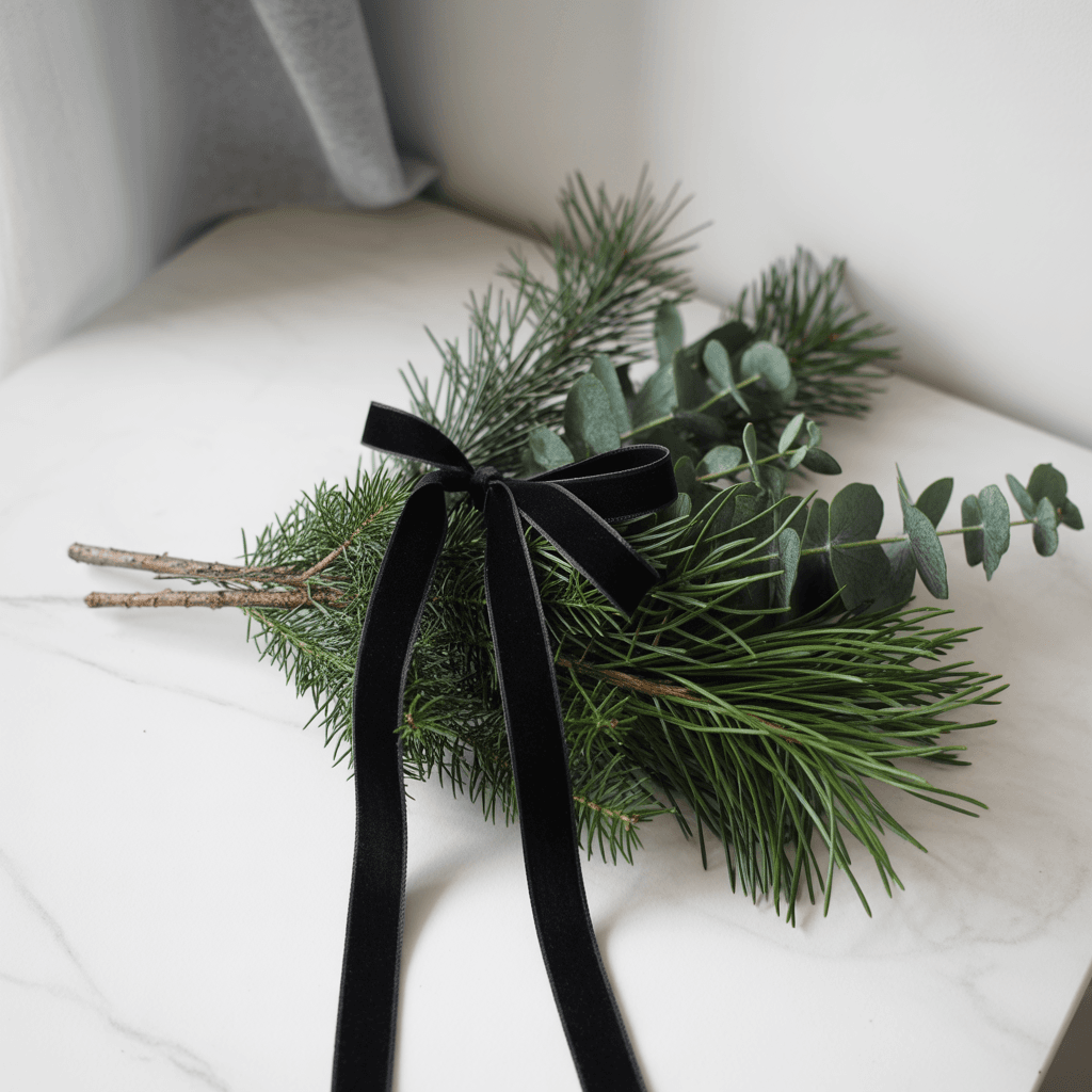 Minimal greenery with black ribbon in modern Christmas décor.