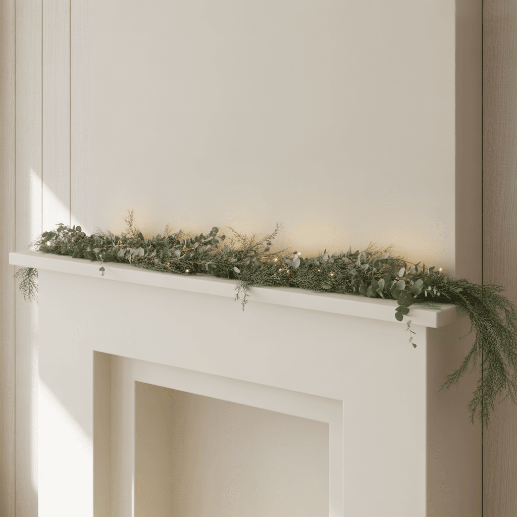Minimal modern Christmas mantel with clean white surface and simple greenery.