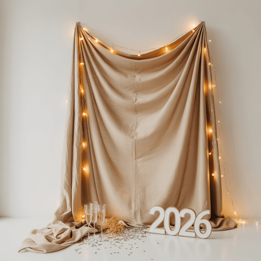 Minimalist DIY New Year photo booth decor with neutral fabric backdrop
