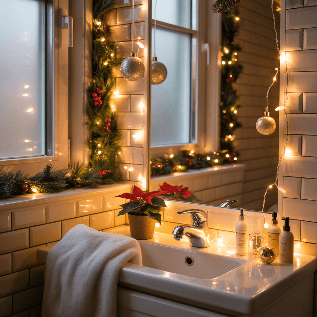 Mirror decorated with Christmas garland.