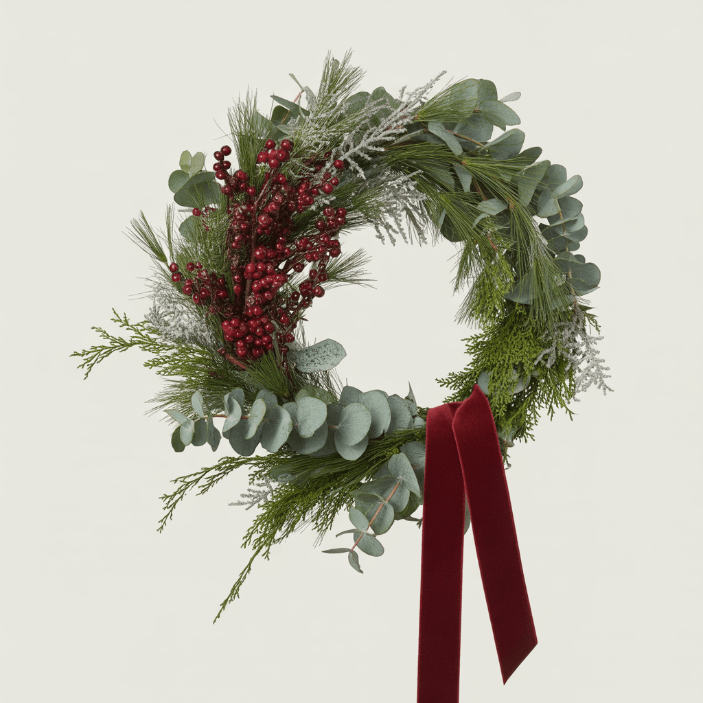 Modern asymmetrical Christmas wreath with greenery and red berries