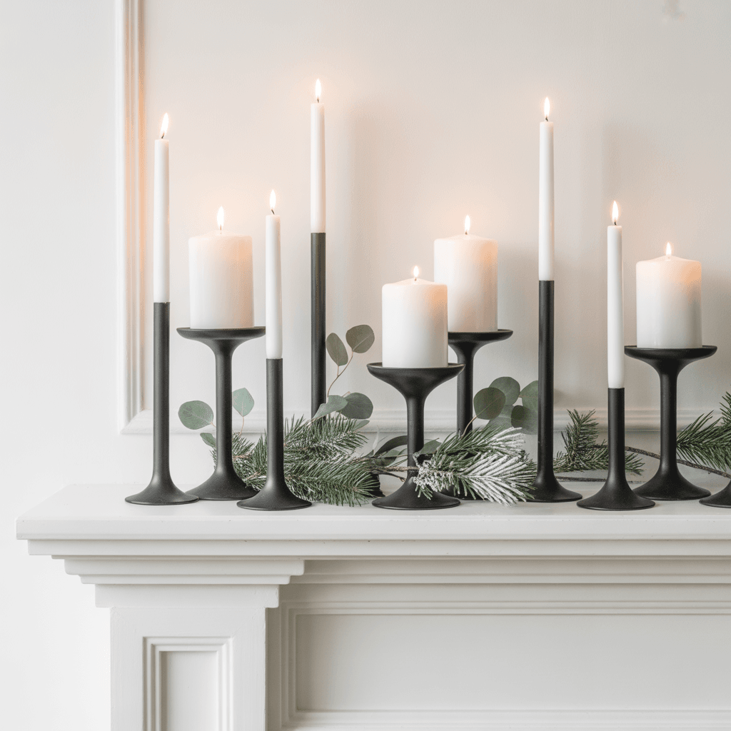 Modern black and white Christmas mantel.