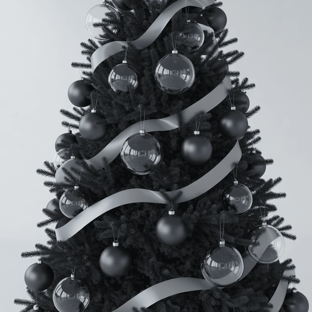 Modern black and white Christmas tree with minimal ornaments.