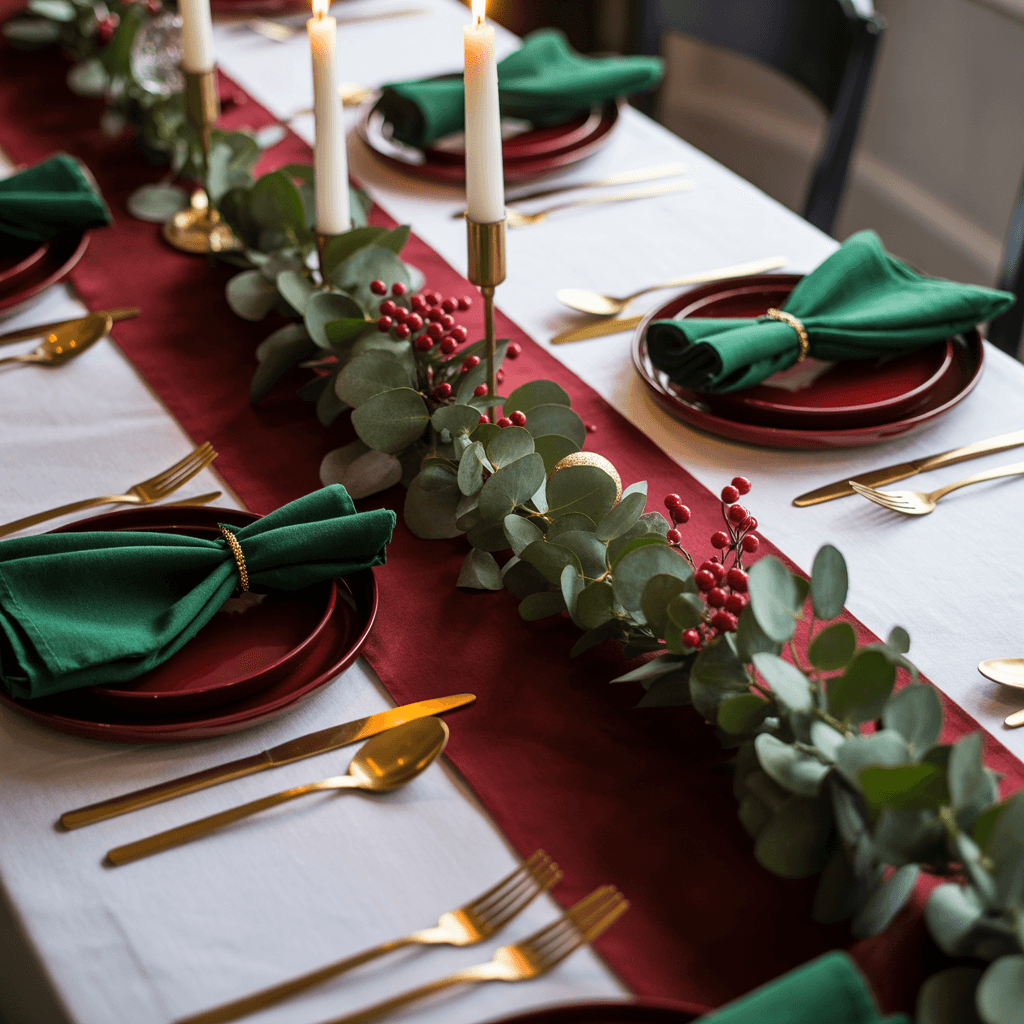 Modern red and green Christmas dining table with gold accents and cedar greenery