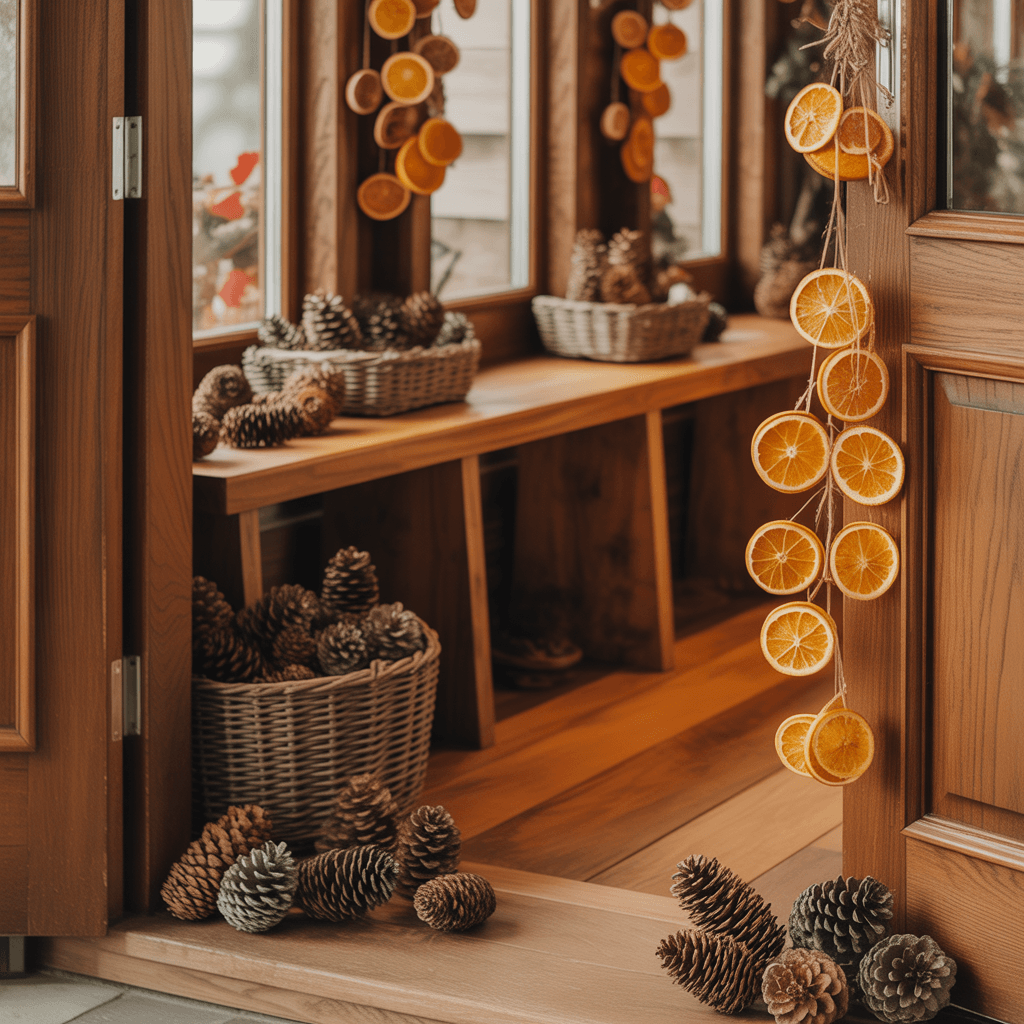 Natural Christmas entryway décor with wood, pinecones, and dried oranges