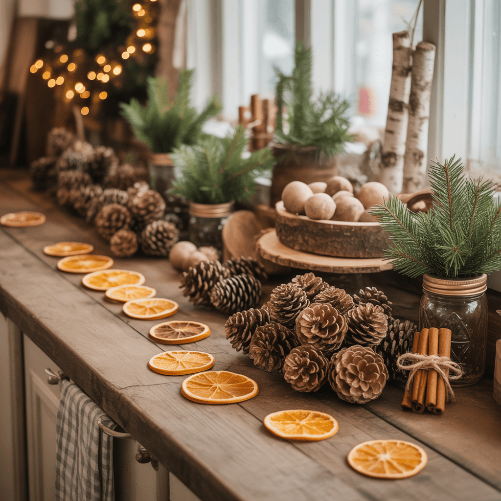 Natural rustic Christmas kitchen decorations.