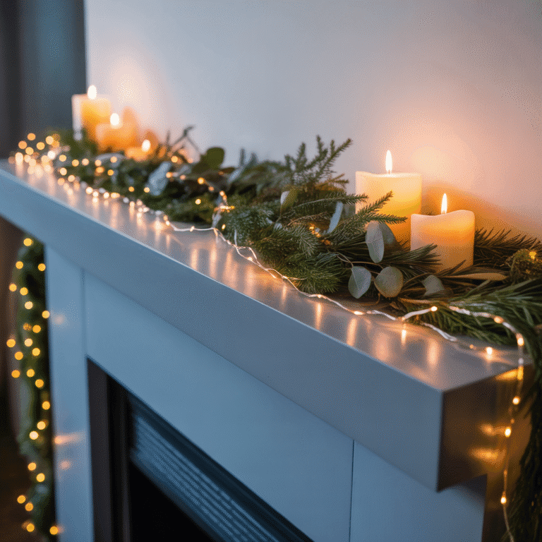 Natural wood beads and pinecones decorating a modern Christmas mantel.
