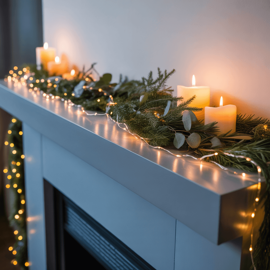 Natural wood beads and pinecones decorating a modern Christmas mantel.