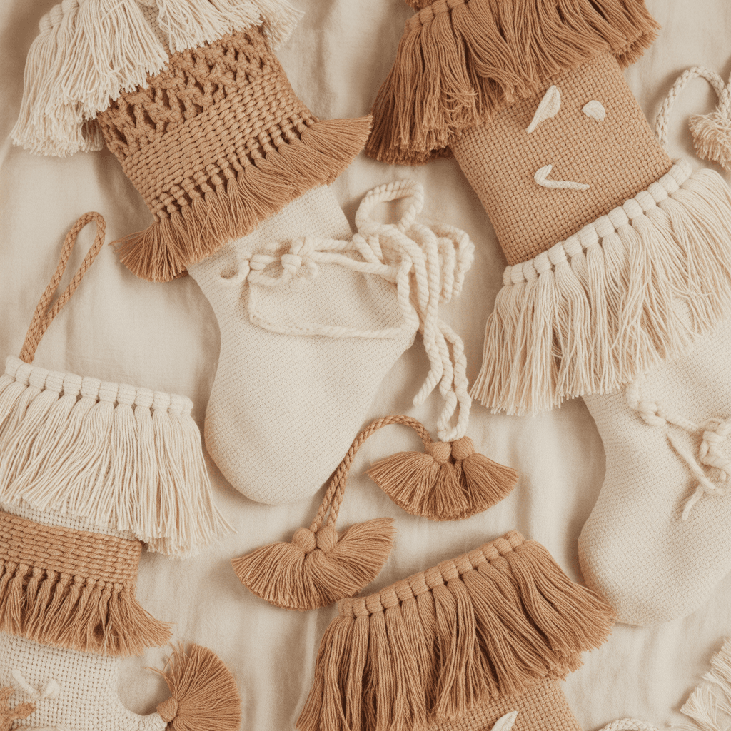 Neutral Boho Christmas stockings with fringe and tassels.