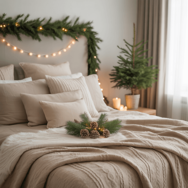 Neutral Christmas bedroom decorated with beige blankets and minimal accents.