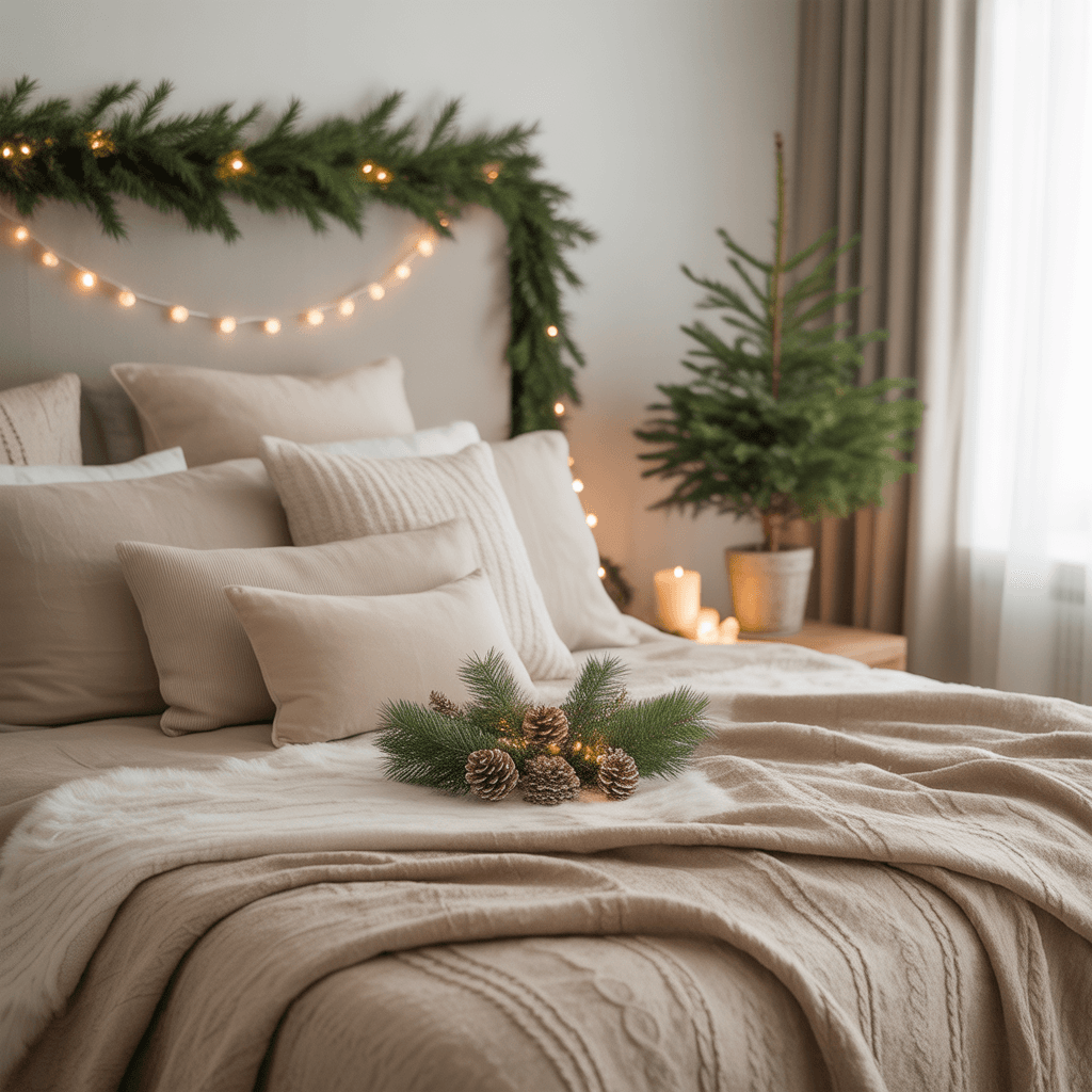 Neutral Christmas bedroom decorated with beige blankets and minimal accents.