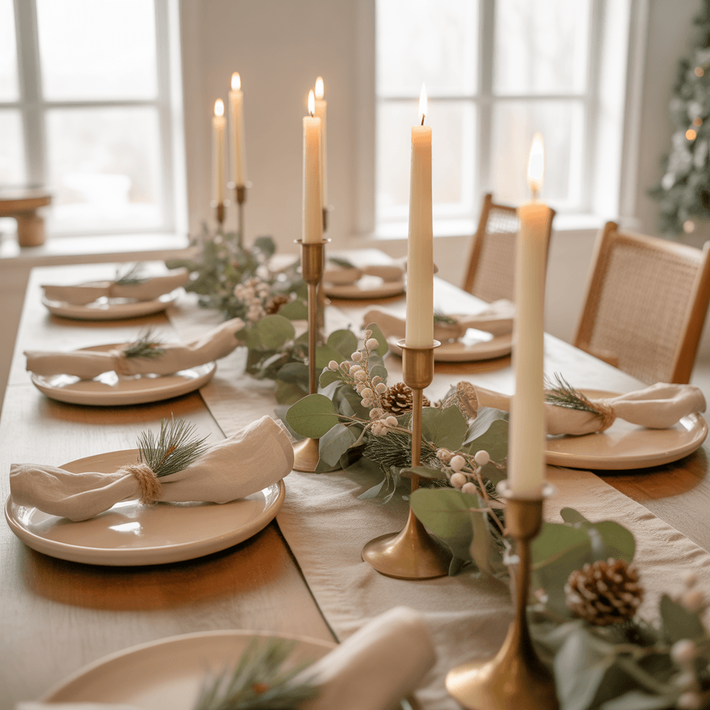Neutral Christmas coffee corner decorated with beige mugs and greenery.