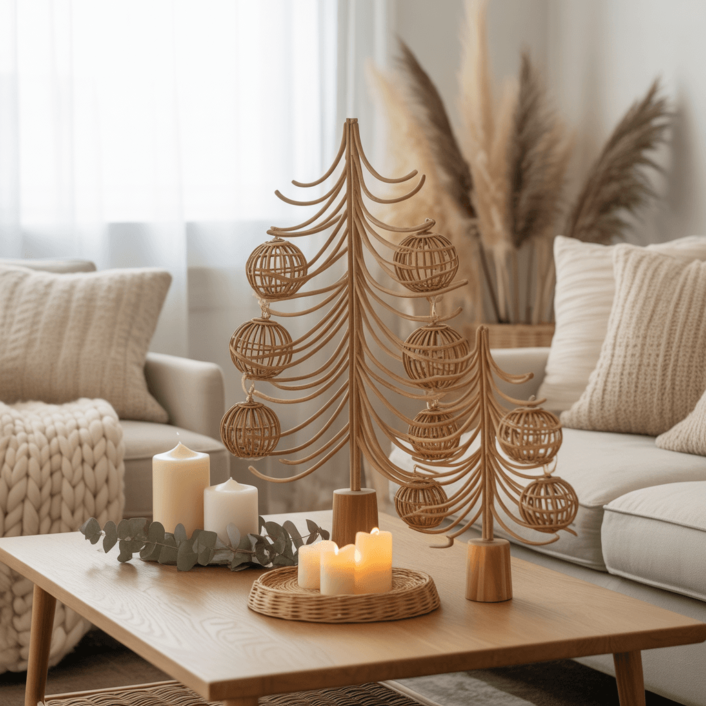 Neutral Christmas mantel decorated in beige tones with simple accents.