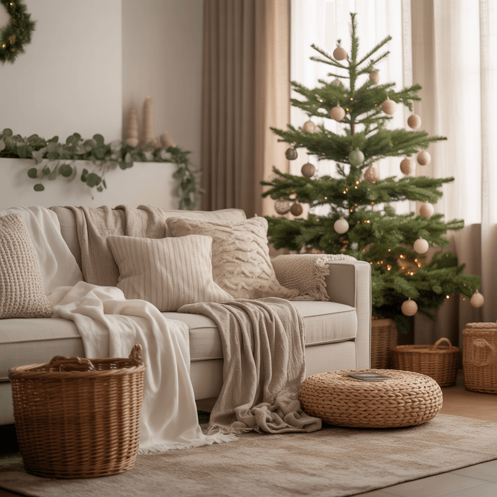 Neutral Christmas tree decorated with beige and wooden ornaments.