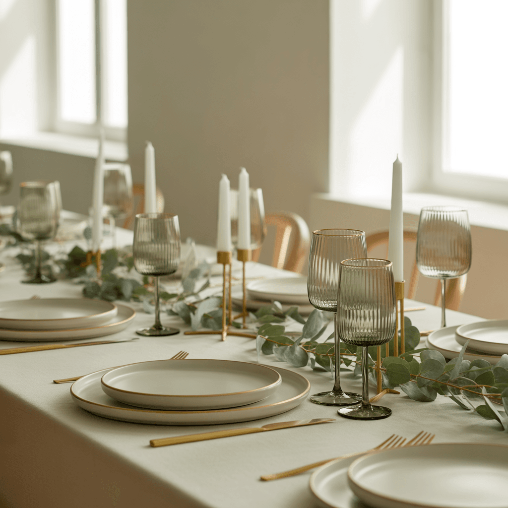 Neutral and modern Christmas tablescape with soft green and gold.