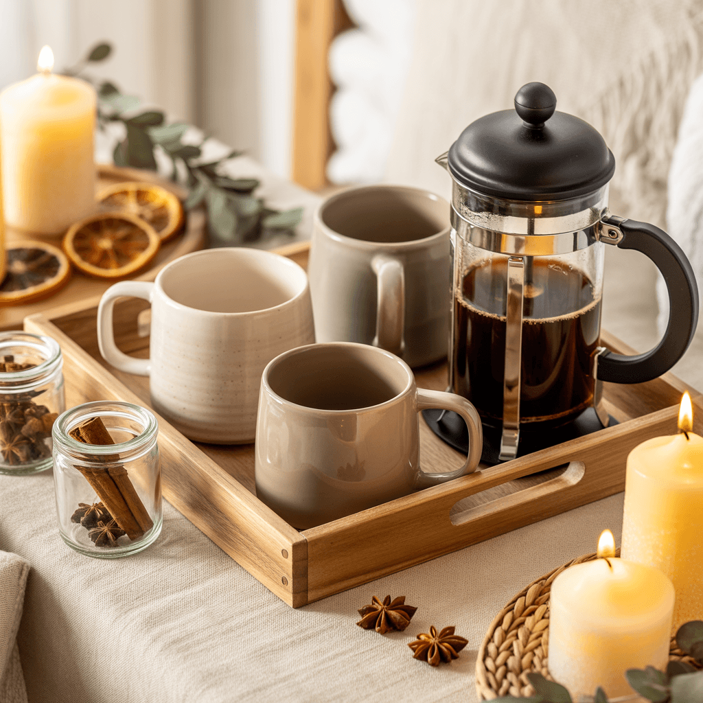 Neutral beige and wooden Christmas ornaments on a tree.