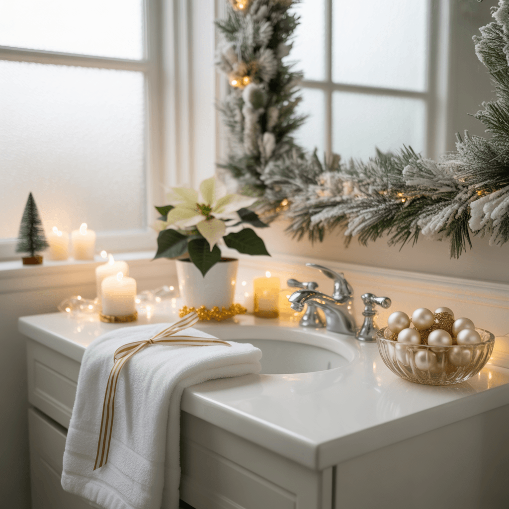 Neutral color palette for Christmas bathroom décor.