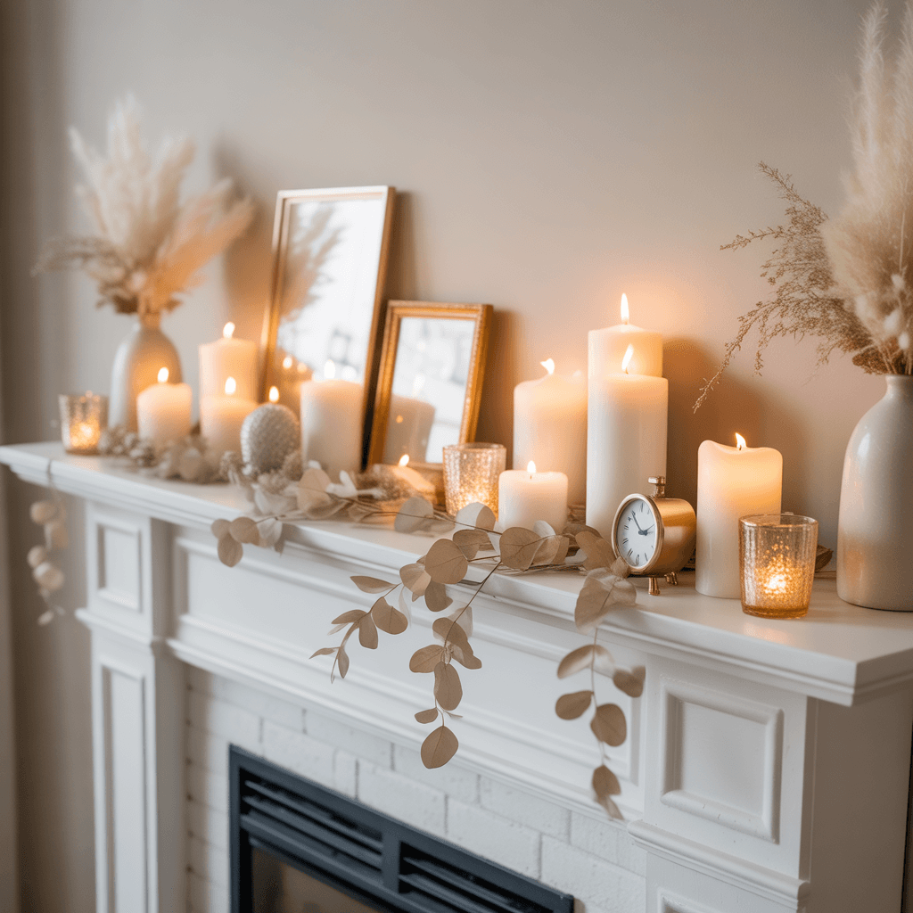Neutral color palette for DIY New Year mantel decor