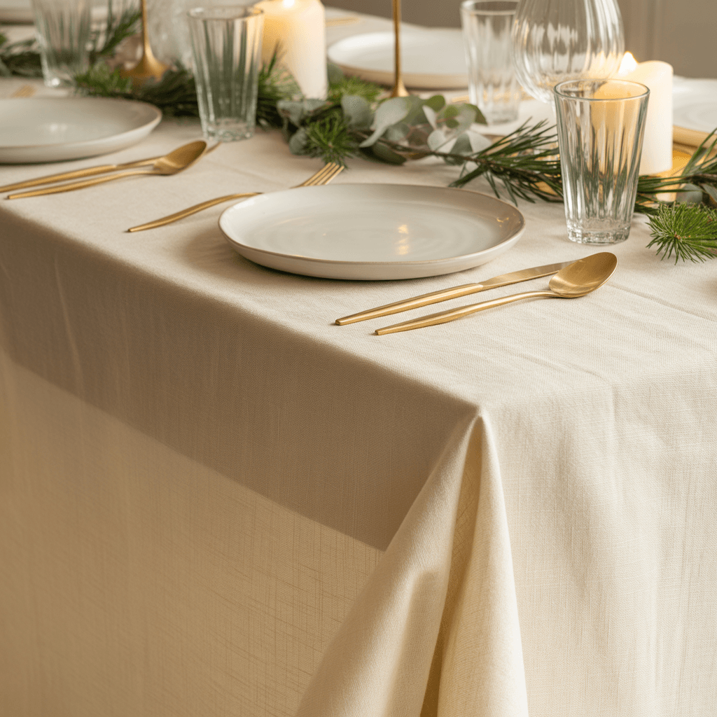 Neutral linen tablecloth as the base for an elegant Christmas tablescape.