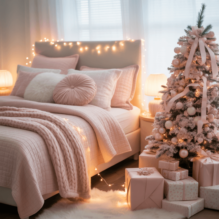 Pastel Christmas bedroom with blush pillows and soft white lights.