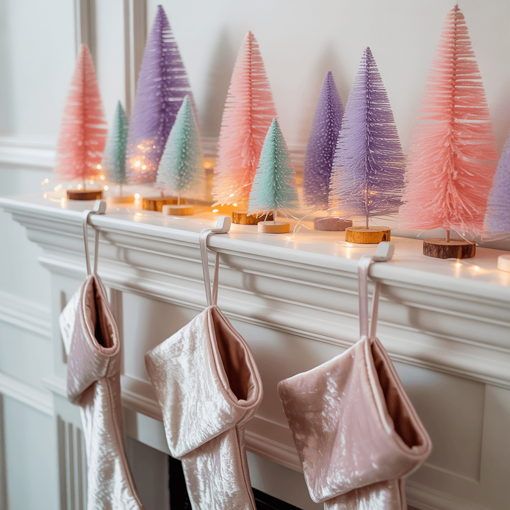 Pastel Christmas mantel styled with blush stockings, frosted garland, and bottle brush trees