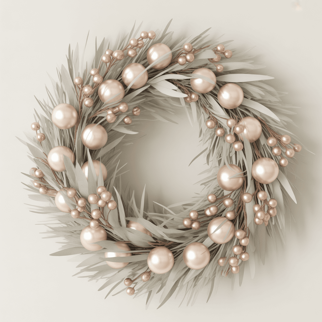  Pastel Christmas wreath decorated with blush ribbon and frosted leaves.