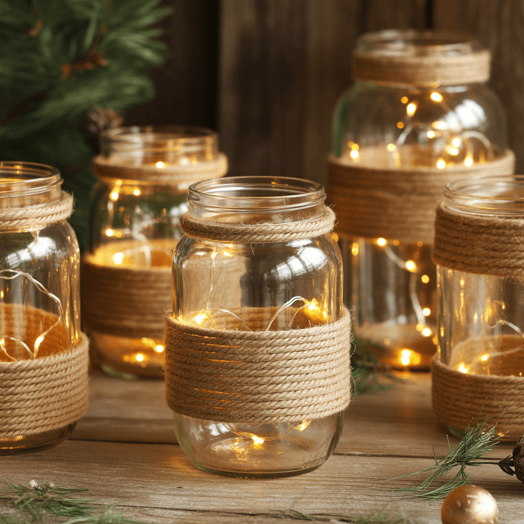 Rope-wrapped mason jar lanterns glowing with LED lights.