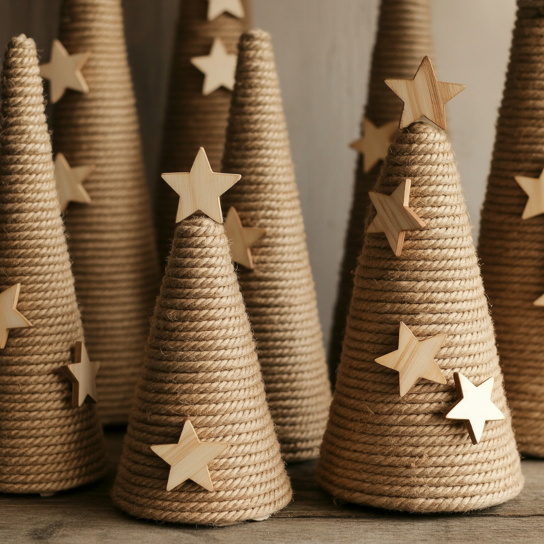 Rope-wrapped rustic Christmas trees with wooden star toppers.