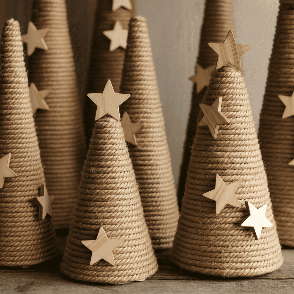 Rope-wrapped rustic Christmas trees with wooden star toppers.