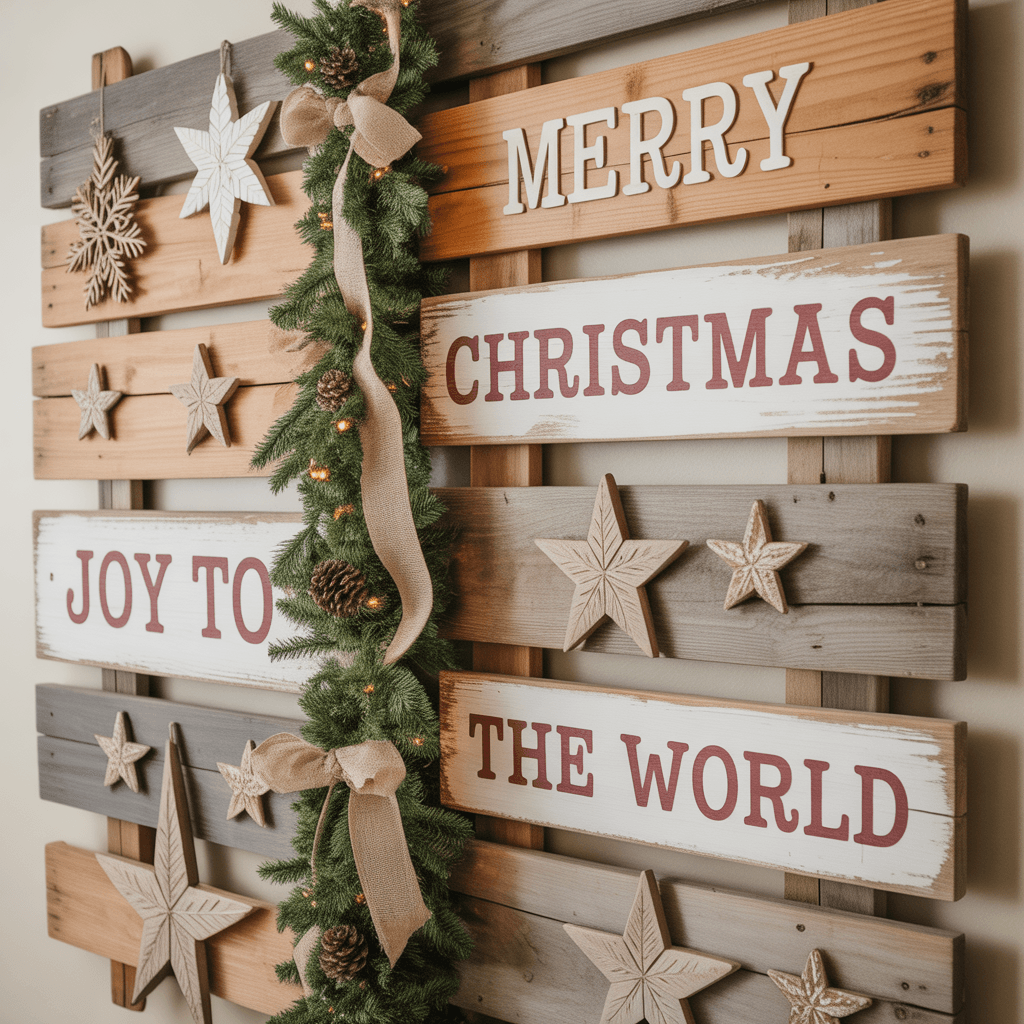 Wooden Christmas wall art and rustic holiday signs.