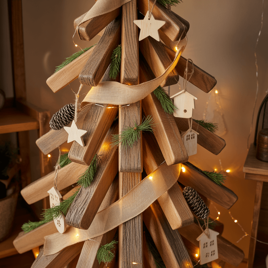  Rustic wooden Christmas tree decorated with natural materials.